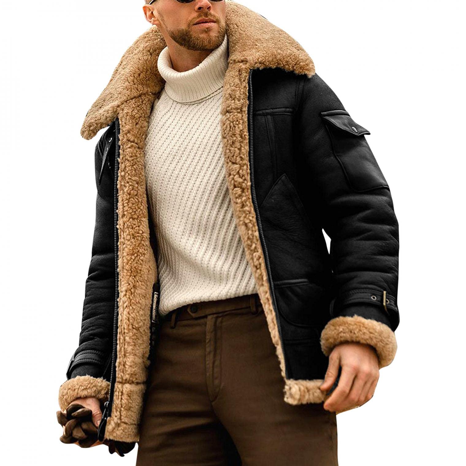 Mens Sherpa Faux Zip Up Heavyweight Plus Size Trench Coat Spread Collared Jacket