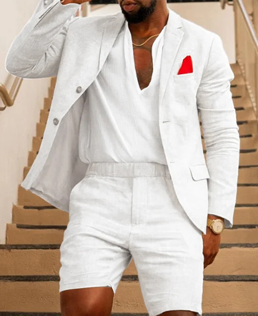 OK Casual  Plain Lapel Collar Linen Blazer & Shorts 2Pcs Set